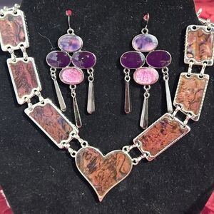 Vintage Abalone Natural Seashell Dyed Rose Necklace And Earring Set